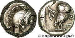ATTIQUE - ATHÈNES Tétradrachme c. 500-490 AC. Attique, Athènes R3 silver (22,5mm, 16,96g, 11h) Obverse : Anépigraphe Tête d'Athéna à droite, coiffée du casque attique à cimier, avec collier et boucles