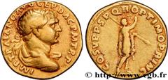 Roman coins TRAJANUS Type : Aureus  Date : 22e ém.  Date : 107  Mint name / Town : Rome  Metal : gold  Diameter : 18,5  mm Orientation dies : 6  h. Weight : 7,16  g. Rarity : R2  Officine : 1re  Obver