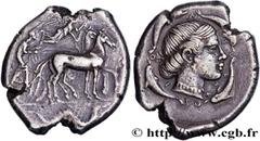 Greek Coins SICILY - SYRACUSE Type : Tétradrachme  Date : c. 450-440 AC.  Mint name / Town : Syracuse, Sicile  Metal : silver  Diameter : 27,5  mm Orientation dies : 5  h. Weight : 17,28  g. Rarity : 