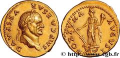Roman coins VESPASIAN Type : Aureus  Date : 74  Mint name / Town : Rome  Metal : gold  Millesimal fineness : 1000  ‰ Diameter : 19,5  mm Orientation dies : 6  h. Weight : 7,26  g. Rarity : R1  Obverse