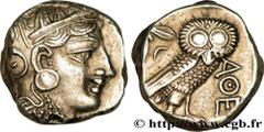 ATTICA - ATHENS Tétradrachme c. 350 AC. Attique, Athènes R1 silver (21mm, 17,22g, 8h) Obverse : Anépigraphe Tête d'Athéna à droite, l'œil vu de profil, coiffée du casque attique à cimier, orné de troi