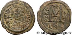 Byzantine coins JUSTINIAN I Type : Follis  Date : an 13  Mint name / Town : Constantinople  Metal : copper  Diameter : 40  mm Orientation dies : 6  h. Weight : 22,98  g. Rarity : R1  Officine : 4e  Ob