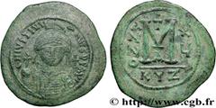 Byzantine coins JUSTINIAN I Type : Follis  Date : an 15  Mint name / Town : Cyzique  Metal : copper  Diameter : 41  mm Orientation dies : 6  h. Weight : 21,80  g. Rarity : R1  Officine : 1re  Obverse 