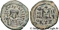 Byzantine coins MAURICIUS TIBERIUS Type : Follis  Date : an 3  Mint name / Town : Cyzique  Metal : copper  Diameter : 30  mm Orientation dies : 6  h. Weight : 12,13  g. Rarity : R1  Officine : E  Obve
