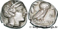ATTICA - ATHENS Tétradrachme c. 430 AC. Athènes, Attique silver (24,5mm, 17,21g, 9h) Obverse : Anépigraphe Tête d'Athéna à droite, coiffée du casque attique à cimier, orné de trois feuilles d'olivier 