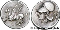 CORINTHIA - CORINTH Statère c. 340 AC Corinthe, Corinthie R1 silver (21,5mm, 8,60g, 6h) Obverse : Q (kappa archaïque) Pégase volant à gauche, les ailes déployées Reverse : Tête d'Athéna à gauche, coif