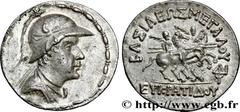BACTRIA - BAKTRIAN KINGDOM - EUKRATIDES I Tétradrachme c. 150 AC. Atelier incertain R2 silver (31mm, 17,00g, 12h) Obverse : Anépigraphe Buste casqué, cornu, drapé et cuirassé à droite, entouré de la s