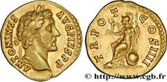 ANTONINUS PIUS Aureus Augustus 145 Rome R2 gold (20mm, 7,12g, 6h) Obverse : ANTONINVS - AVG PIVS P P Tête laurée d’Antonin le Pieux à droite (O*) Reverse : TR PO-T - COS IIII Roma (Rome) assise à gauc