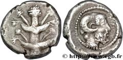 KYRENAICA - KYRENE Drachme c. 450 AC. Cyrène, Cyrénaïque R2 silver (14mm, 3,33g, 12h) Obverse : Anépigraphe plant de silphium Reverse : Anépigraphe Tête barbue et cornue de Zeus Ammon à droite dans un