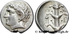 KYRENAICA - KYRENE Statère ou didrachme c. 290 AC. Cyrène, Cyrénaïque R2 silver (22mm, 7,78g, 12h) Obverse : Tête cornue imberbe de Karneios à gauche Reverse : Plant de silphium vu de face ; petit tré