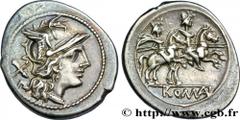ROMAN REPUBLIC - ANONYMOUS Denier c. 189-180 AC. Rome R2 silver (21mm, 3,54g, 9h) Obverse : Anépigraphe Tête casquée de Rome à droite ; derrière X Reverse : ROMA en relief à l'exergue dans un cartouch