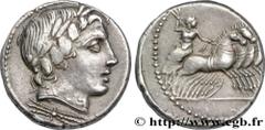 ROMAN REPUBLIC - ANONYMOUS Denier 86 AC. Rome silver (18,5mm, 3,95g, 5h) Obverse : Anépigraphe Tête laurée d'Apollon Véjovis à droite surmontant un foudre Reverse : Anépigraphe Jupiter dans un quadrig