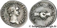 NERVA Denier 96 Rome R1 silver (18mm, 3,37g, 6h) Obverse : IMP NERVA CAES AVG - P M TR P COS II P P Tête laurée de Nerva à droite (O*) Reverse : CONCORDIA -.- EXERCITVVM Mains jointes devant une ensei