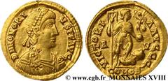 HONORIUS(22/01/393-15/08/423)Flavius Honorius Solidus N° v18_0759    Date : 408-423 Nom de l'atelier : Vénitie et Istrie, Ravenne Métal : or Diamètre : 21mm Axe des coins : 12h. Poids : 4,53g. Etat de
