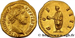 ANTONINUS PIUS Type : Aureus  Date : 154-155  Mint name / Town : Rome  Metal : gold  Millesimal fineness : 1000  ‰ Diameter : 20  mm Orientation dies : 12  h. Weight : 7,15  g. Rarity : R2  Obverse le