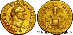 VESPASIANUS Type : Aureus  Date : 75  Mint name / Town : Rome  Metal : gold  Millesimal fineness : 1000  ‰ Diameter : 19,5  mm Orientation dies : 6  h. Weight : 7,26  g. Rarity : R1  Obverse legend : 
