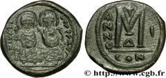 JUSTIN II et SOPHIE (15/11/565-5/10/578) Follis 565-566 N° bby_208973 Date : 565-566 Nom de l'atelier : Constantinople Métal : cuivre Diamètre : 28mm Axe des coins : 7h. Poids : 14,36g. Degré de raret