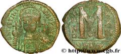 JUSTINIEN Ier (1/08/527-14/11/565) Follis 550-551 N° bby_209667 Date : 550-551 Nom de l'atelier : Theoupolis (Antioche) Métal : cuivre Diamètre : 34mm Axe des coins : 6h. Poids : 17,98g. Degré de rare