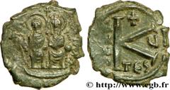 JUSTIN II et SOPHIE (15/11/565-5/10/578) Demi-follis 569-570 N° bby_209698 Date : 569-570 Nom de l'atelier : Thessalonique Métal : cuivre Diamètre : 21mm Axe des coins : 6h. Poids : 4,71g. Degré de ra