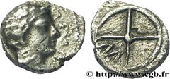 MASSALIA - MARSEILLE (410-350 avant J.-C.) Litra à l'ethnique et au M N° bga_160709 Métal : argent Diamètre : 9mm Axe des coins : 11h. Poids : 0,66g. Degré de rareté : R2   Etat de conservation : TB+/