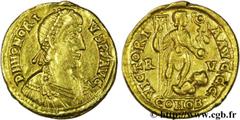THEODOSE II (10/01/402-28/07/450) Flavius Theodosius Solidus fin 402 N° brm_144095 Date : fin 402 Nom de l'atelier : Constantinople Métal : or Diamètre : 20,5mm Axe des coins : 6h. Poids : 4,33g. Degr