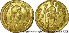 VALENTINIEN III(23/10/425-16/03/455)Placidius Valentinianus Solidus imitation barbare sur un prototype de l’atelier de Ravenne N° v21_3861    Date : c. 450-455 Métal : or Diamètre : 21mm Axe des coins