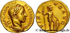 SEVERUS ALEXANDER Type : Aureus  Date : 225  Mint name / Town : Rome  Metal : gold  Diameter : 18,5  mm Orientation dies : 6  h. Weight : 6,68  g. Rarity : R2  Officine : 6e  Obverse legend : IMP C M 