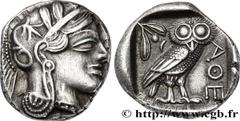 Greek Coins ATTICA - ATHENS Tétradrachme c. 440 AC. Athènes, Attique silver (25mm, 17,07g, 2h) Obverse : Anépigraphe Tête d'Athéna à droite, coiffée du casque attique à cimier, orné de trois feuilles 