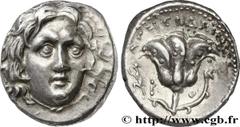 Greek Coins CARIA - CARIAN ISLANDS - RHODOS Didrachme c. 250-230 AC Rhodes silver (20mm, 6,74g, 12h) Obverse : Anépigraphe Tête radiée d'Hélios de trois quarts de face à droite Reverse : Rose sur sa t