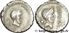 Roman Coins MARC ANTOINE ET JULES CÉSAR Denier 43 AC. Bologne R2 silver (18mm, 3,55g, 3h) Obverse : M. A(N)TON IMP. R. P. C., N et T ligaturés Tête nue de Marc Antoine à droite ; derrière, un lituus R