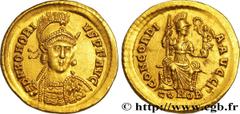 Roman Coins HONORIUS Solidus 397-402 Constantinople ? R1 gold (20mm, 4,44g, 6h) Obverse : DN HONORI-VS P F AVG Buste casqué, diadémé, et cuirassé d'Arcadius de face vu de trois quarts de face à droite