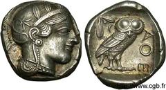 ATTIQUE - ATHENES(Ve siècle avant J.-C.) Tétradrachme N° v11_0086    Date : c. 440 AC. Nom de l'atelier : Attique, Athènes Métal : argent Diamètre : 26mm Axe des coins : 7h. Poids : 17,18g. Etat de co