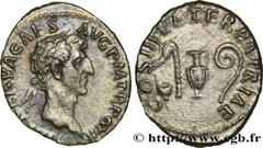 Coinage of the Antonine dynasty NERVA Denier 97 Rome R1 silver (18mm, 3,26g, 7h) Obverse : IMP NERVA CAES - AVG P M TR POT II Tête laurée de Nerva à droite (O*) Reverse : COS III PATER PATRIAE Instrum
