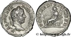 Coinage of the Severan dynasty GETA Denier Augustus 211 Rome R1 silver (20mm, 3,31g, 12h) Obverse : P SEPT GETA - PIVS AVG BRIT Tête laurée et barbue de Géta à droite (O*) Reverse : FORT RED TR P III 