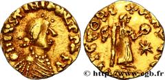 PSEUDO-IMPERIAL COINAGE Type : Triens à la victoire, au nom de Justinien  Date : c. 550-578  Mint name / Town : atelier indéterminé  Metal : gold  Diameter : 14  mm Orientation dies : 6  h. Weight : 1