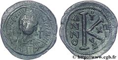 JUSTINIEN Ier(1/08/527-14/11/565) Demi-follis N° v26_0510    Date : 538-539 Nom de l'atelier : Cyzique Métal : cuivre Diamètre : 31mm Axe des coins : 12h. Poids : 11,14g. Degré de rareté : R1 Etat de 