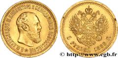 World coins RUSSIA Type : 5 Roubles Alexandre III Date : 1889 Mint name / Town : Saint-Petersbourg Quantity minted : 4200000 Metal : gold Millesimal fineness : 900 ‰ Diameter : 21,5 mm Orientation die