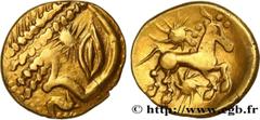 Celtic coins GALLIA BELGICA - BELLOVACI (Area of Beauvais) Type : Statère d'or à l'astre, cheval à droite  Date : c. 80-50 AC.  Mint name / Town : Beauvais (60)  Metal : gold  Diameter : 18  mm Orient