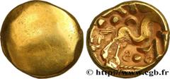 Celtic coins AMBIANI (Area of Amiens) Type : Statère d'or uniface, revers aux esses et au globule perlé  Date : c. 60-50 AC.  Mint name / Town : Amiens (80)  Metal : gold  Diameter : 16,5  mm Weight :