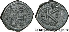 JUSTIN II(15/11/565-5/10/578) Demi-follis N° v32_0760    Date : 566-567 Nom de l'atelier : Nicomédie Métal : cuivre Diamètre : 24,5mm Axe des coins : 6h. Poids : 7,36g. Degré de rareté : R1 Etat de co