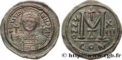 Byzantine coins JUSTINIAN I Type : Follis  Date : an 13  Mint name / Town : Constantinople  Metal : copper  Diameter : 42,5  mm Orientation dies : 7  h. Weight : 23,10  g. Rarity : R1  Officine : 5e  