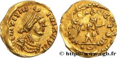 Merovingian Coinage PSEUDO-IMPERIAL COINAGE Type : Triens à la victoire  Date : c. 550-578  Metal : gold  Diameter : 14  mm Orientation dies : 6  h. Weight : 1,39  g. Rarity : R2  Obverse legend : DN 
