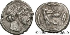 Greek Coins SICILY - LEONTINOI Type : Tétradrachme  Date : c. 455-430 AC.  Mint name / Town : Leontini, Sicile  Metal : silver  Diameter : 26  mm Orientation dies : 3  h. Weight : 16,98  g. Rarity : R