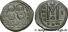 JUSTIN II et SOPHIE(15/11/565-5/10/578) Follis N° v36_1150    Date : 565-566 Nom de l'atelier : Constantinople Métal : cuivre Diamètre : 28mm Axe des coins : 7h. Poids : 14,36g. Degré de rareté : R2 E