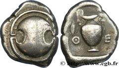 Greek Coins BEOTIA - THEBES Type : Statère  Date : c. 425-400 AC.  Mint name / Town : Béotie, Thèbes  Metal : silver  Diameter : 21,5  mm Orientation dies : 12  h. Weight : 11,93  g. Rarity : R2  Obve