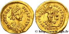 Roman coins THEODOSIUS II Type : Tremissis  Date : c. 430-440  Mint name / Town : Constantinople  Metal : gold  Diameter : 14  mm Orientation dies : 11  h. Weight : 1,41  g. Rarity : R1  Obverse legen