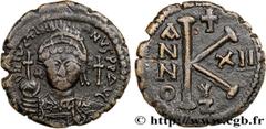 Byzantine coins JUSTINIAN I Type : Demi-follis  Date : an 12  Mint name / Town : Cyzique  Metal : copper  Diameter : 28  mm Orientation dies : 6  h. Weight : 12,00  g. Rarity : R1  Obverse legend : D 