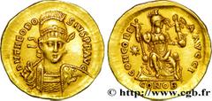THEODOSE II(10/01/402-28/07/450)Flavius Theodosius Solidus N° v38_1360    Date : 408-420 Nom de l'atelier : Constantinople Métal : or Diamètre : 21mm Axe des coins : 6h. Poids : 4,40g. Degré de rareté