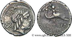 LUCRETIA(76 avant J.-C.)Lucius Lucretius Trio Denier N° v13_0072    Date : 76 AC. Nom de l'atelier : Rome Métal : argent Diamètre : 19mm Axe des coins : 6h. Poids : 3,95g. Degré de rareté : R1 Etat de