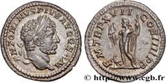 Roman coins CARACALLA Type : Denier  Date : 214  Mint name / Town : Rome  Metal : silver  Millesimal fineness : 500  ‰ Diameter : 19  mm Orientation dies : 12  h. Weight : 3,29  g. Officine : 4e  Obve